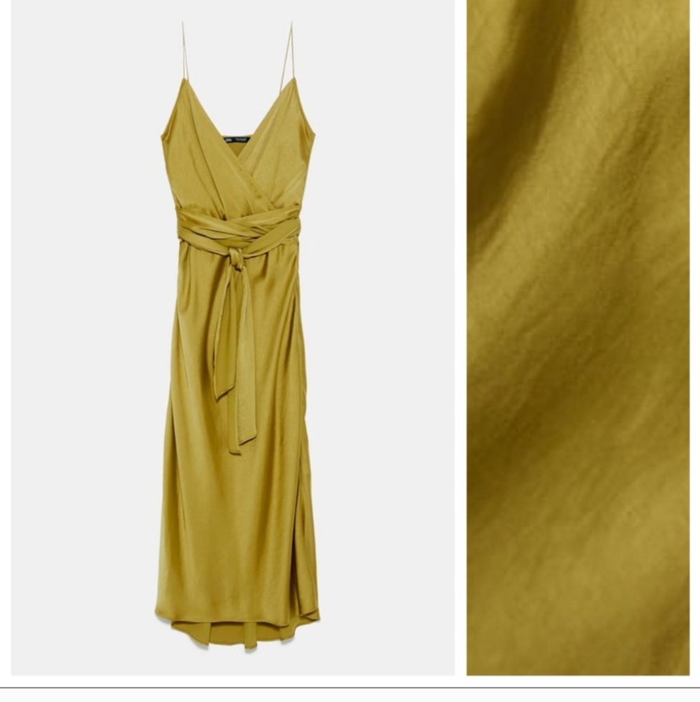 Zara satin wrap tie waist v neck spaghetti strap satin slip dress formal